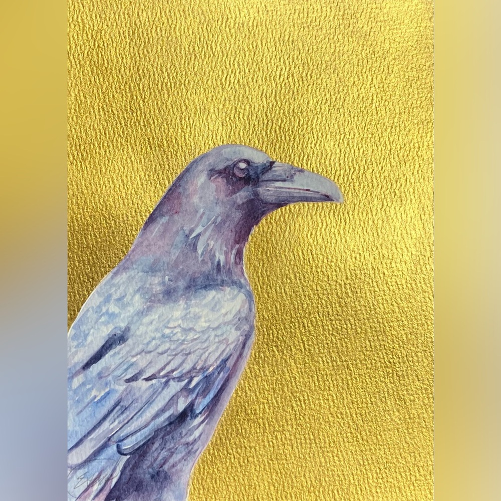Original raven painting Watercolor Art Bird Golden surreal nouveau wall decor US